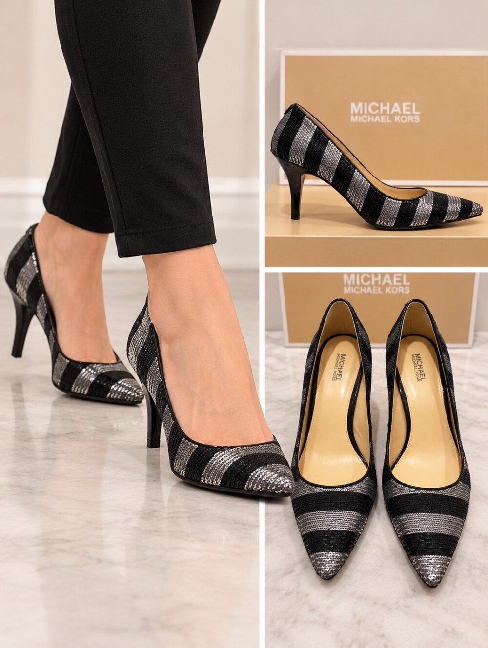✨️Sequin Michael Kors MK-Flex Mid Pump Black Silver Heels Size 8M